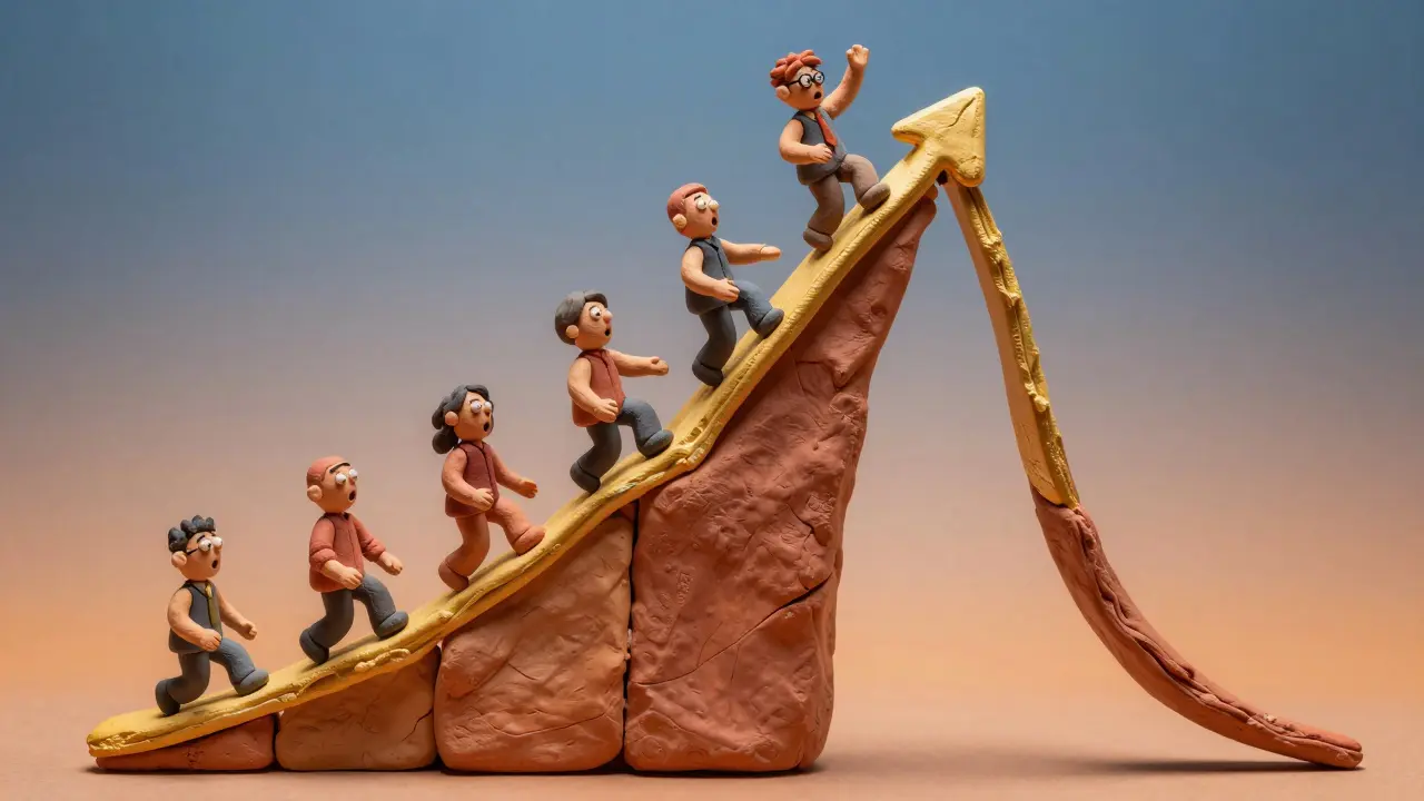 Clay figures riding a volatile financial graph showing a sharp price spike and crash.