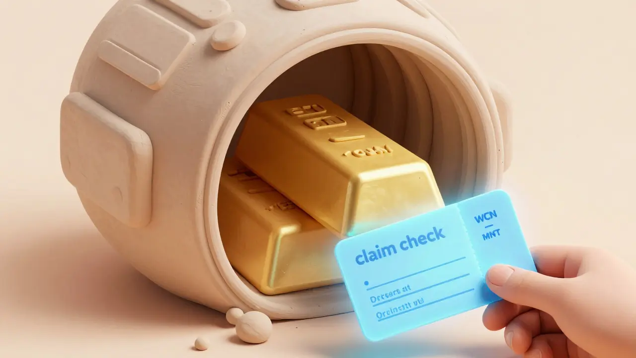 Clay illustration of a gold bar in a vault with a glowing WMNT claim check