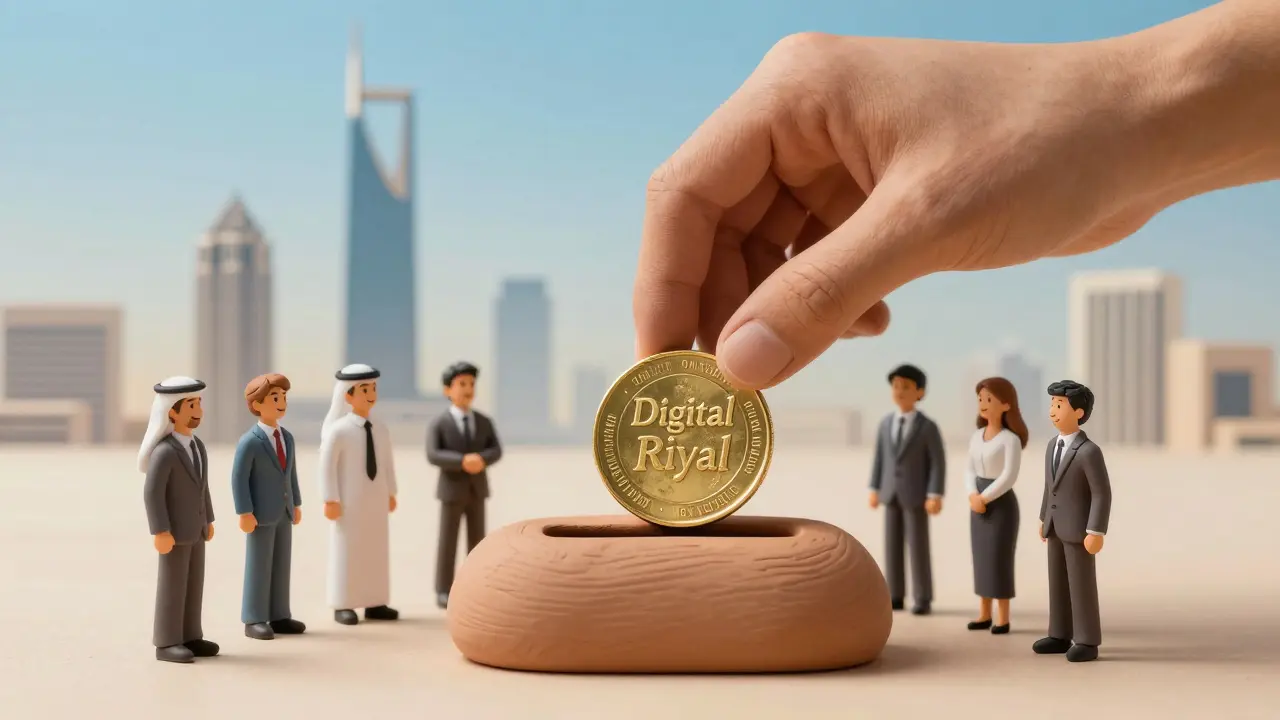 Clay illustration of a golden Digital Riyal coin being officially integrated into the economy.