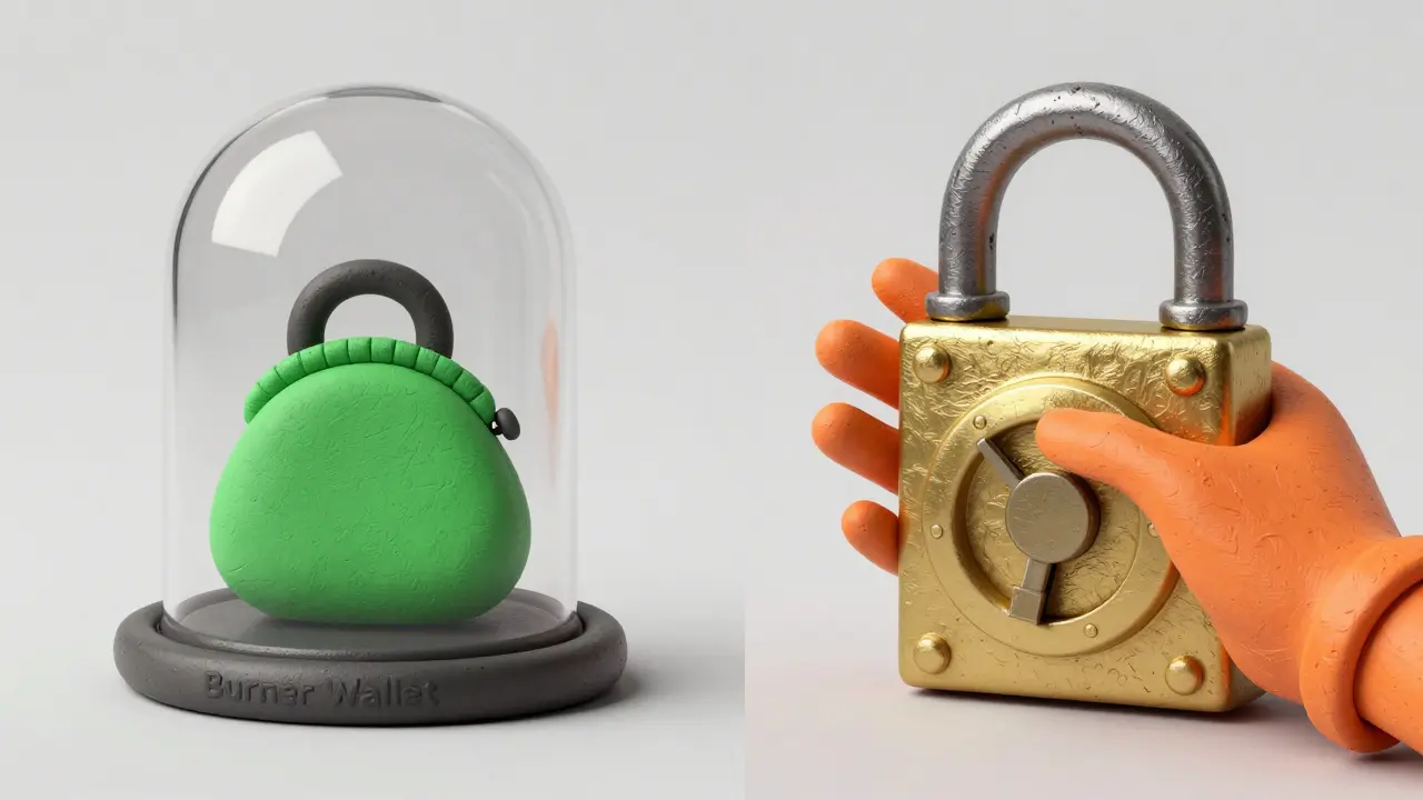 Clay illustration of a protected burner wallet and a locked golden vault