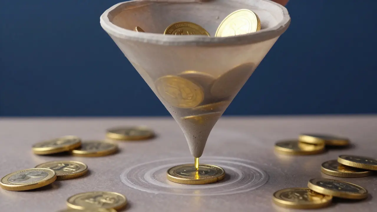 Clay illustration of golden coins being funneled into a concentrated area.