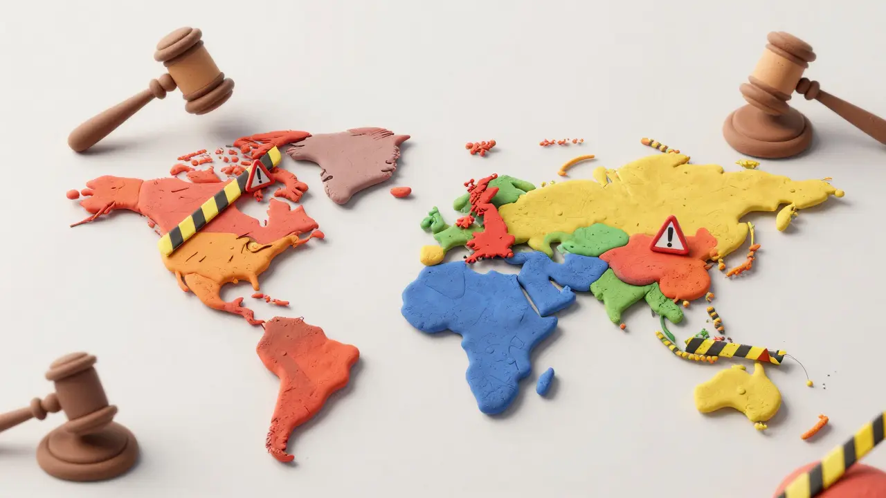 Clay map showing restricted global regions with red warning signs and legal gavels.