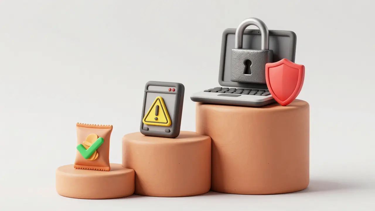 Clay models of a snack, gadget, and laptop on pedestals representing different risk levels