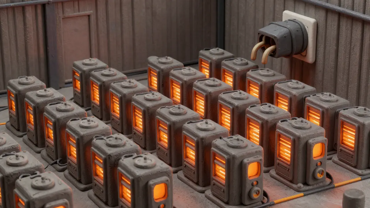 Clay rendering of a crypto mining warehouse with glowing machines