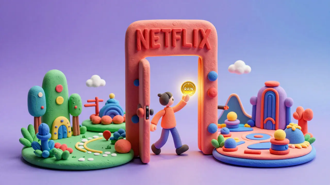 Clay rendering of a gaming portal with various digital worlds and a RAIN token