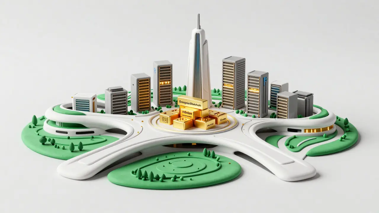 Clay rendering of futuristic NEOM city integrated with blockchain server blocks.