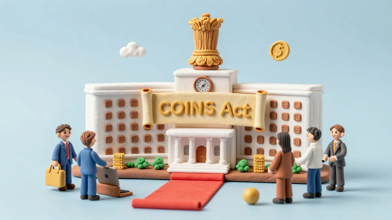 Clay rendering of the RBI building with a golden COINS Act scroll and happy entrepreneurs.