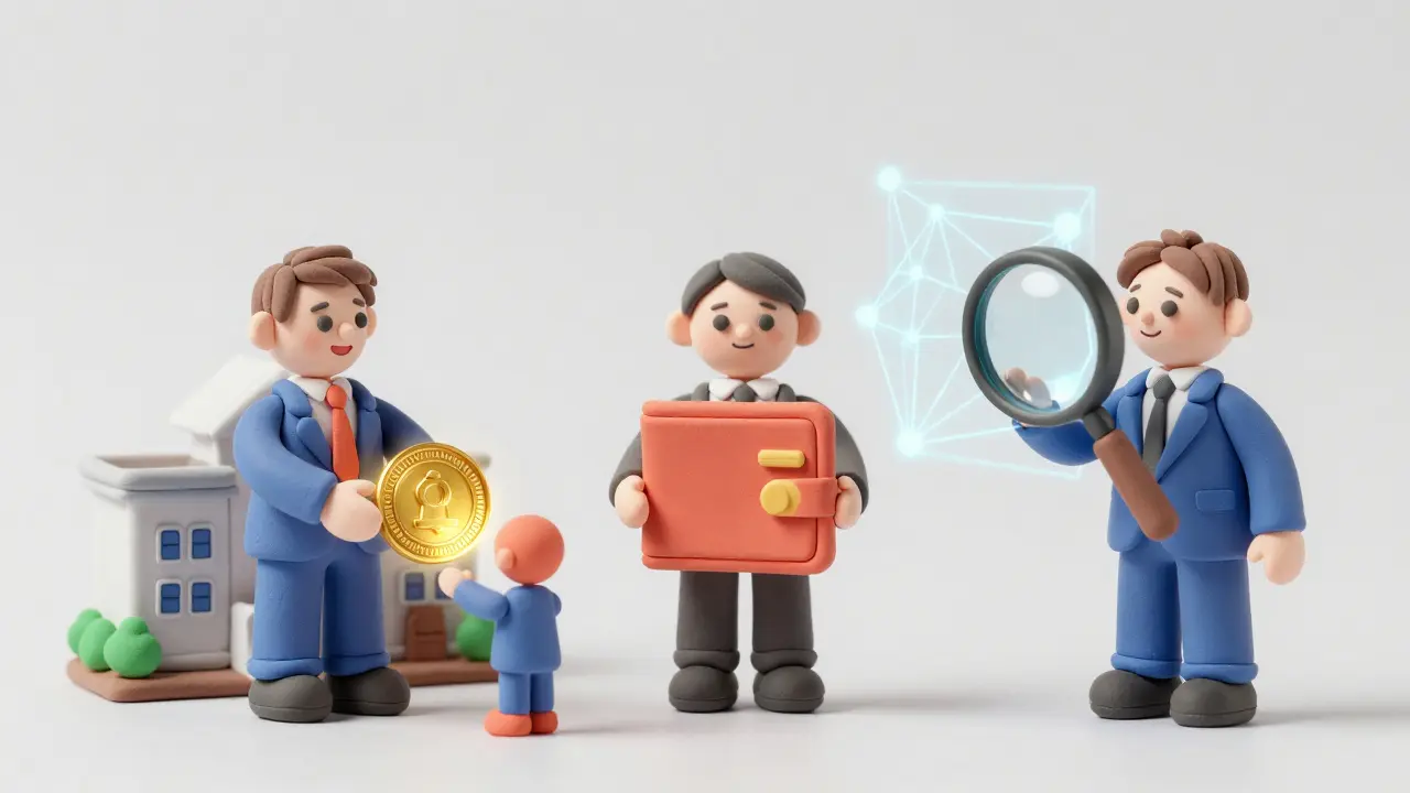 Clay rendering of the trust triangle between an issuer, a holder with a wallet, and a verifier.