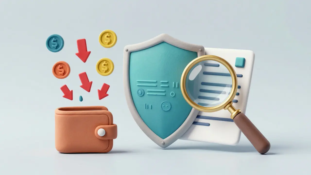 Clay shield and magnifying glass protecting a digital wallet from volatile crypto tokens