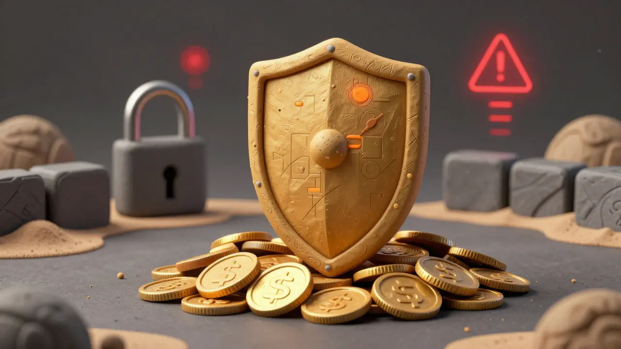 Clay shield protecting coins next to a padlock and orange warning lights.