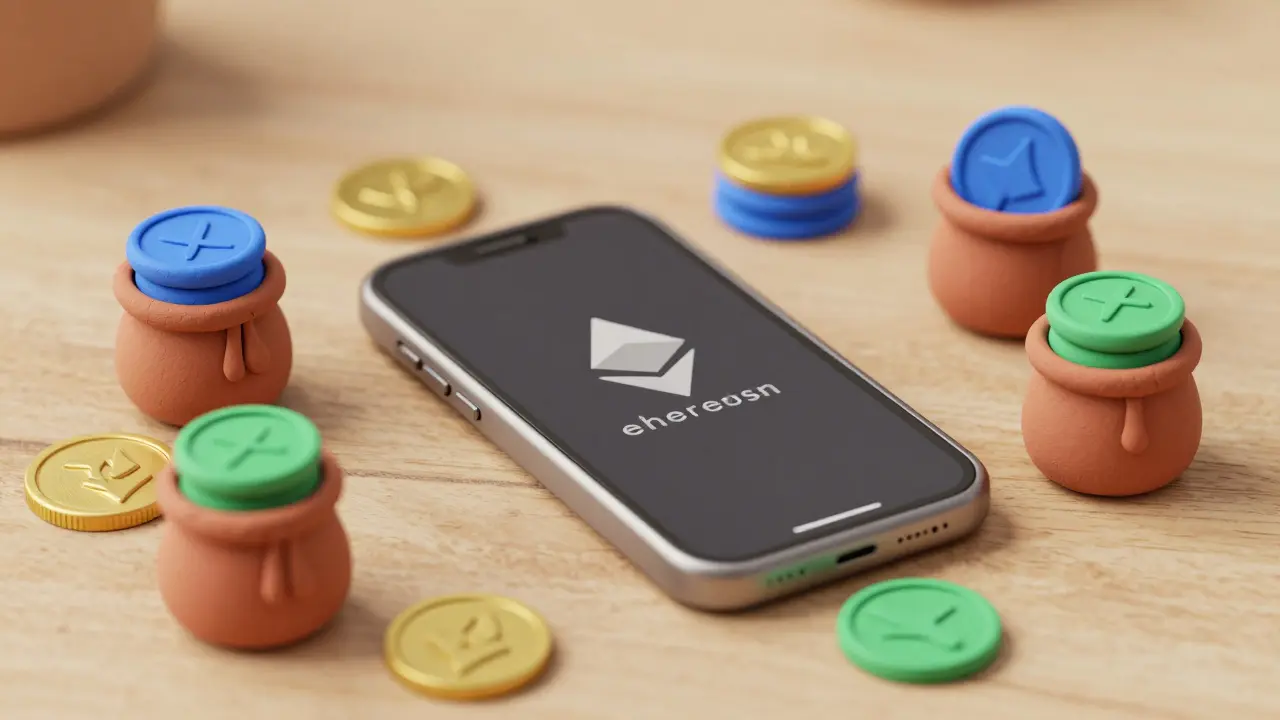 Clay smartphone surrounded by colorful cryptocurrency coins on a wooden desk.