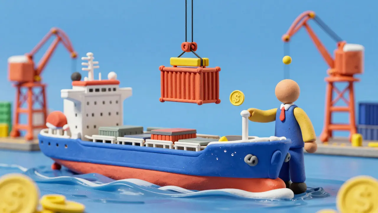 Clay style illustration of a cargo ship at port with a gold coin symbolizing a smart contract payment.