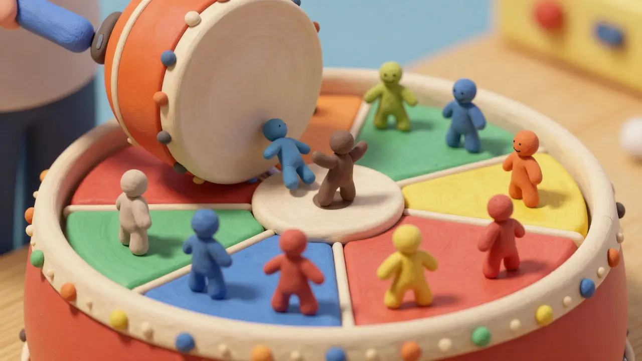 Clay style illustration of validators being randomly shuffled into different shards via a mixer.