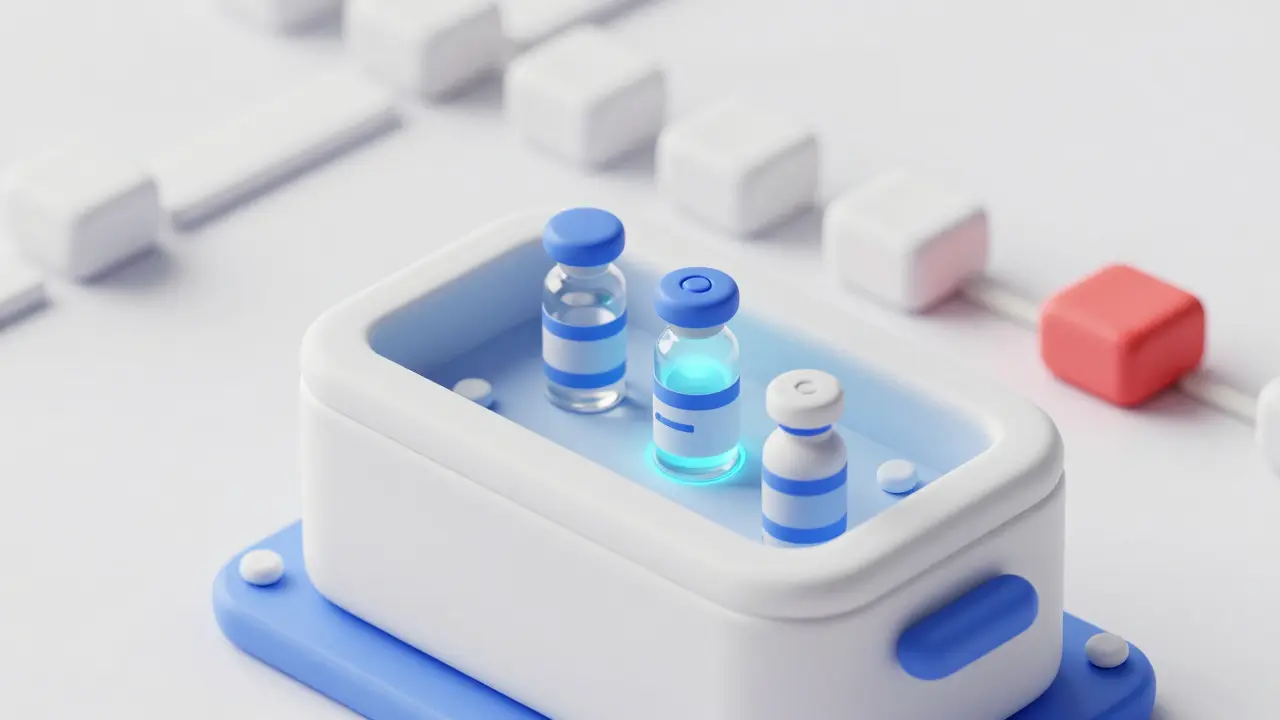 Clay style rendering of a vaccine transport box with an IoT sensor and blockchain data blocks.