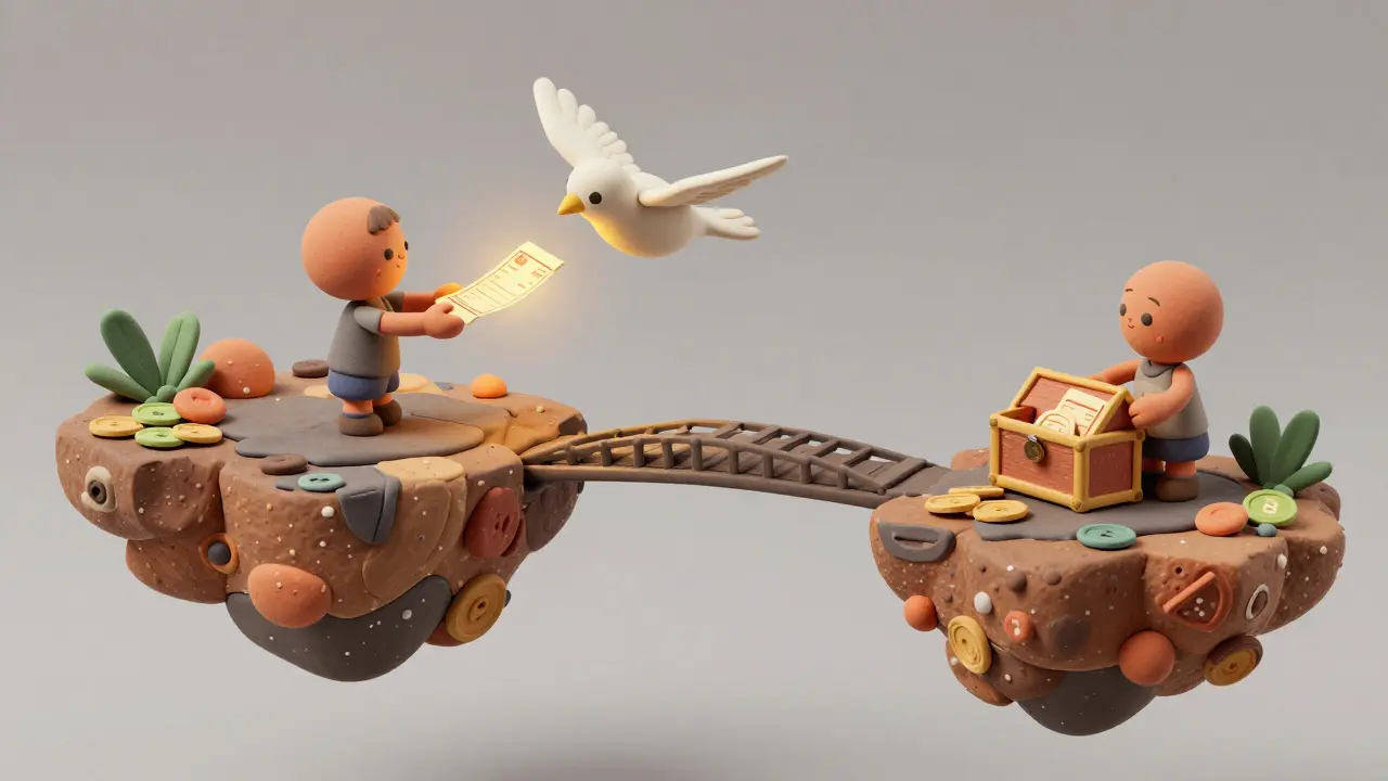 Clay style scene showing a golden receipt being transported between two blockchain shards.