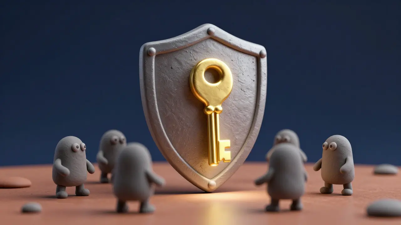 Clay style shield protecting a golden key from small grey monsters