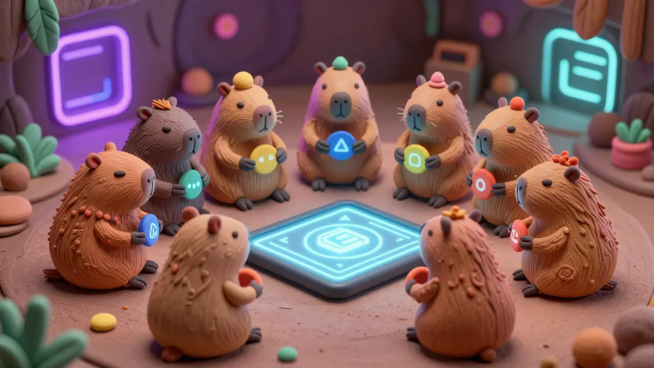 Group of clay capybaras voting together around a glowing digital tablet.