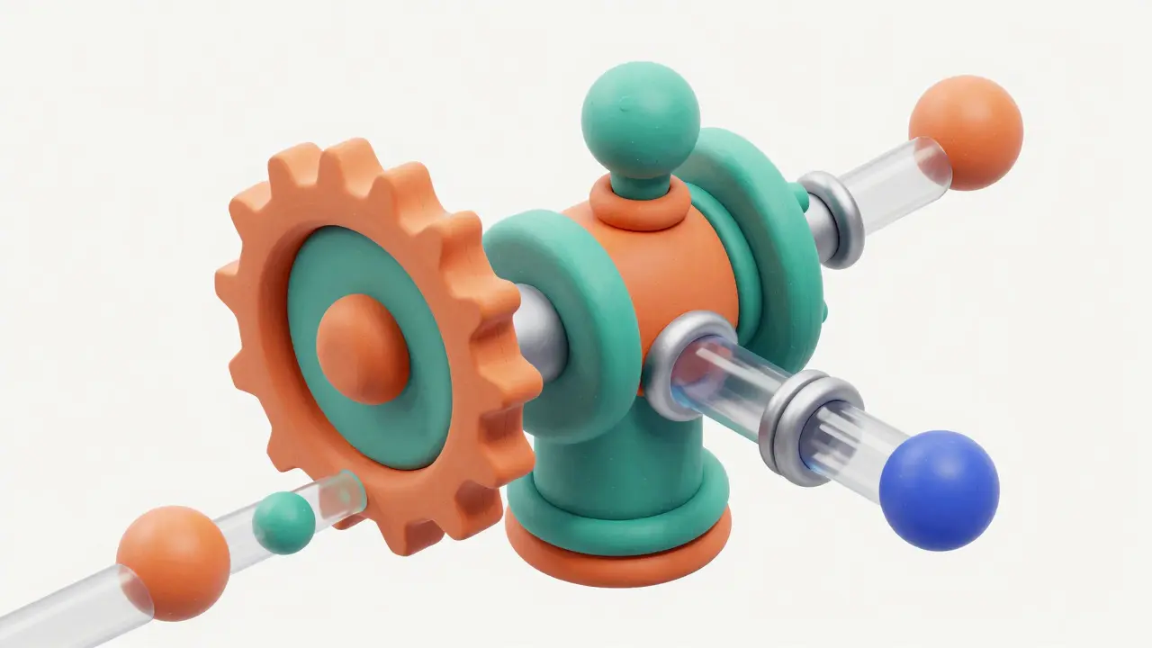 Isometric clay model of a DeFi liquidity engine with colorful gears and pipes.