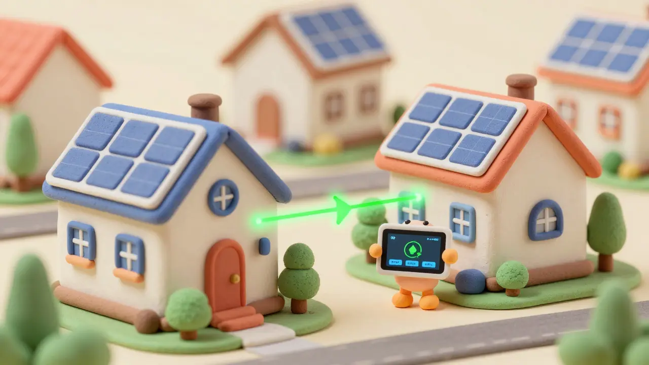 Two clay houses sharing green energy via solar panels and a digital tablet.