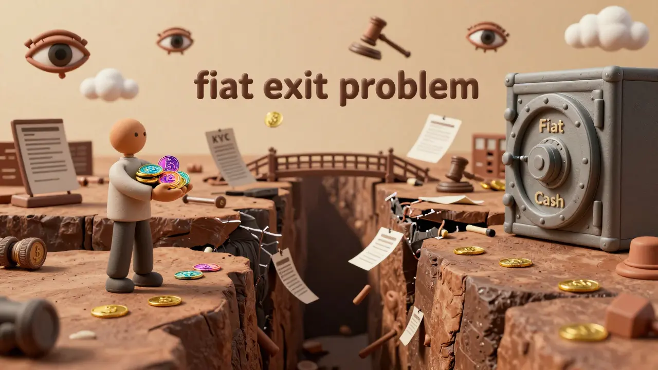 Clay art: Character stranded with crypto tokens across a chasm from a bank vault, showing fiat exit issues.