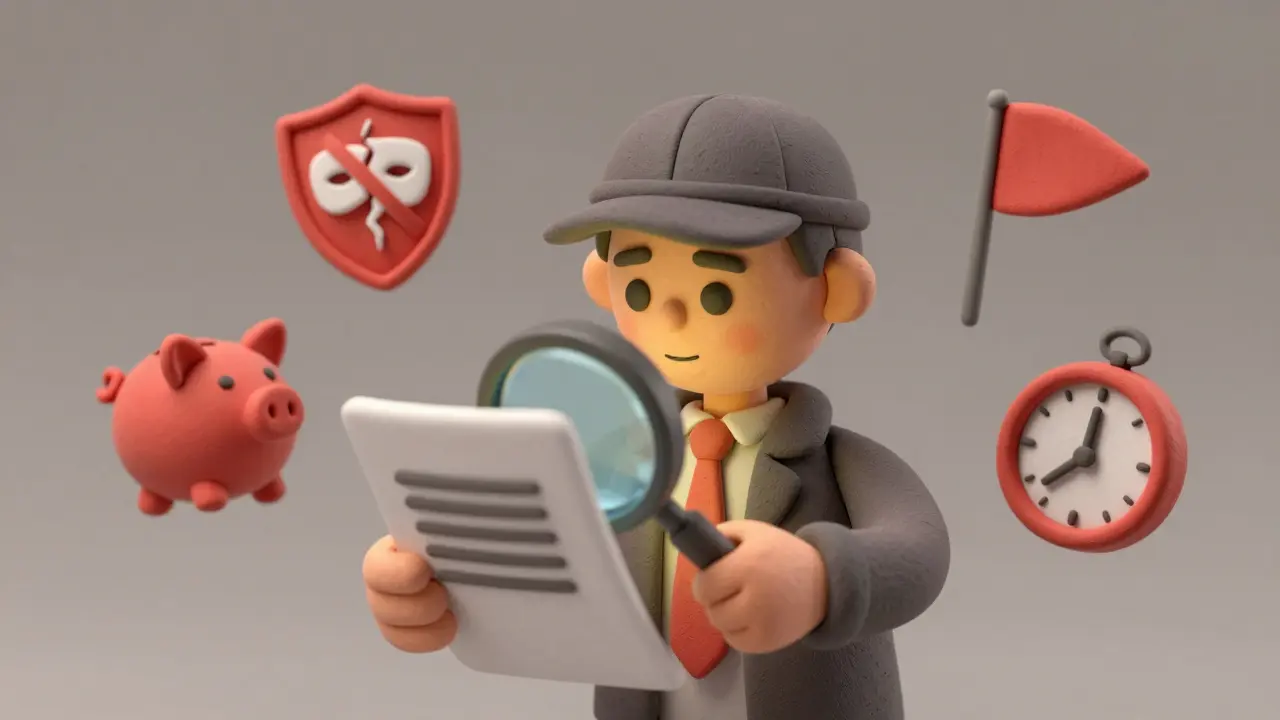 Clay art detective inspecting red flags like anonymity and fake returns on a crypto site.