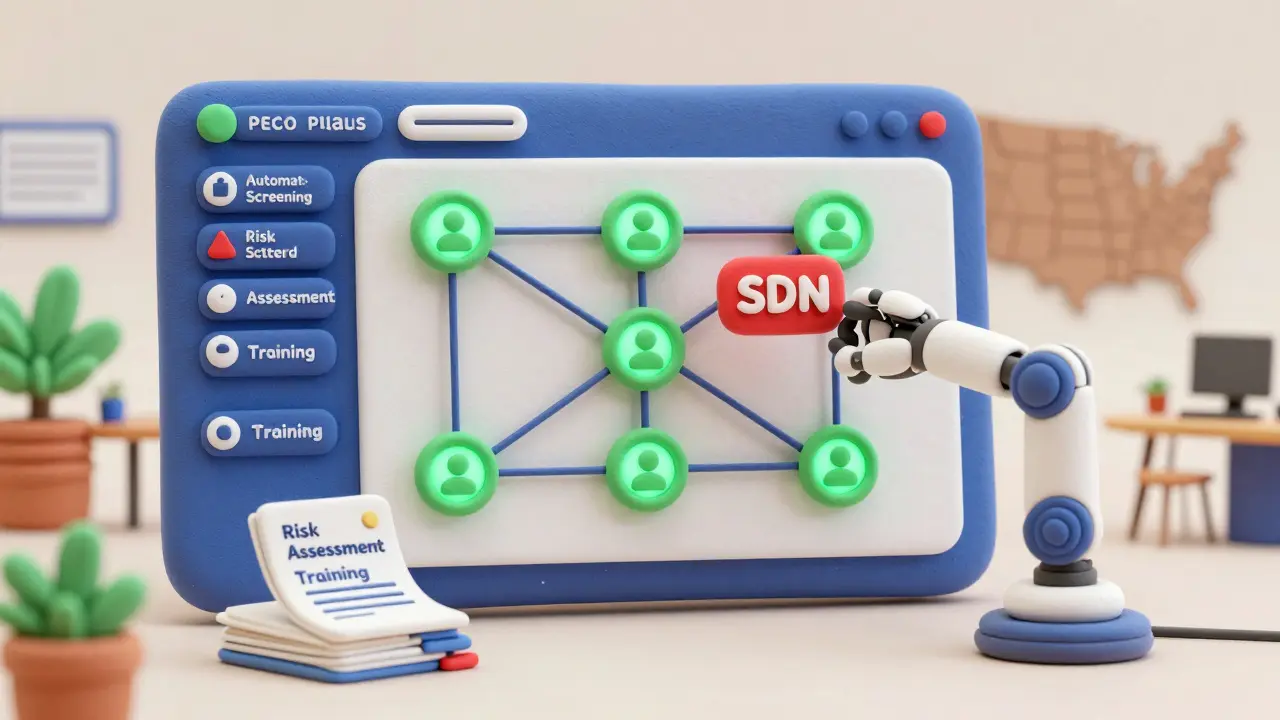 Clay art of a compliance dashboard filtering sanctioned crypto addresses.