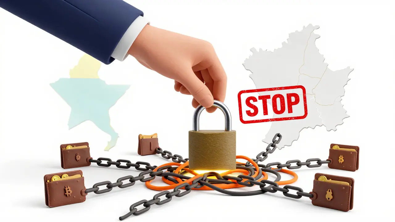 Clay art of giant hand stopping illegal crypto flows with a lock