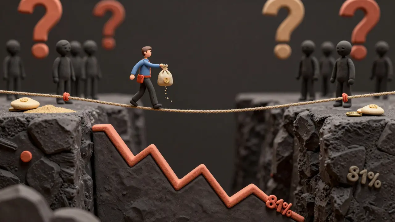 Clay art of risky crypto trading on a tightrope over a crashing price graph.