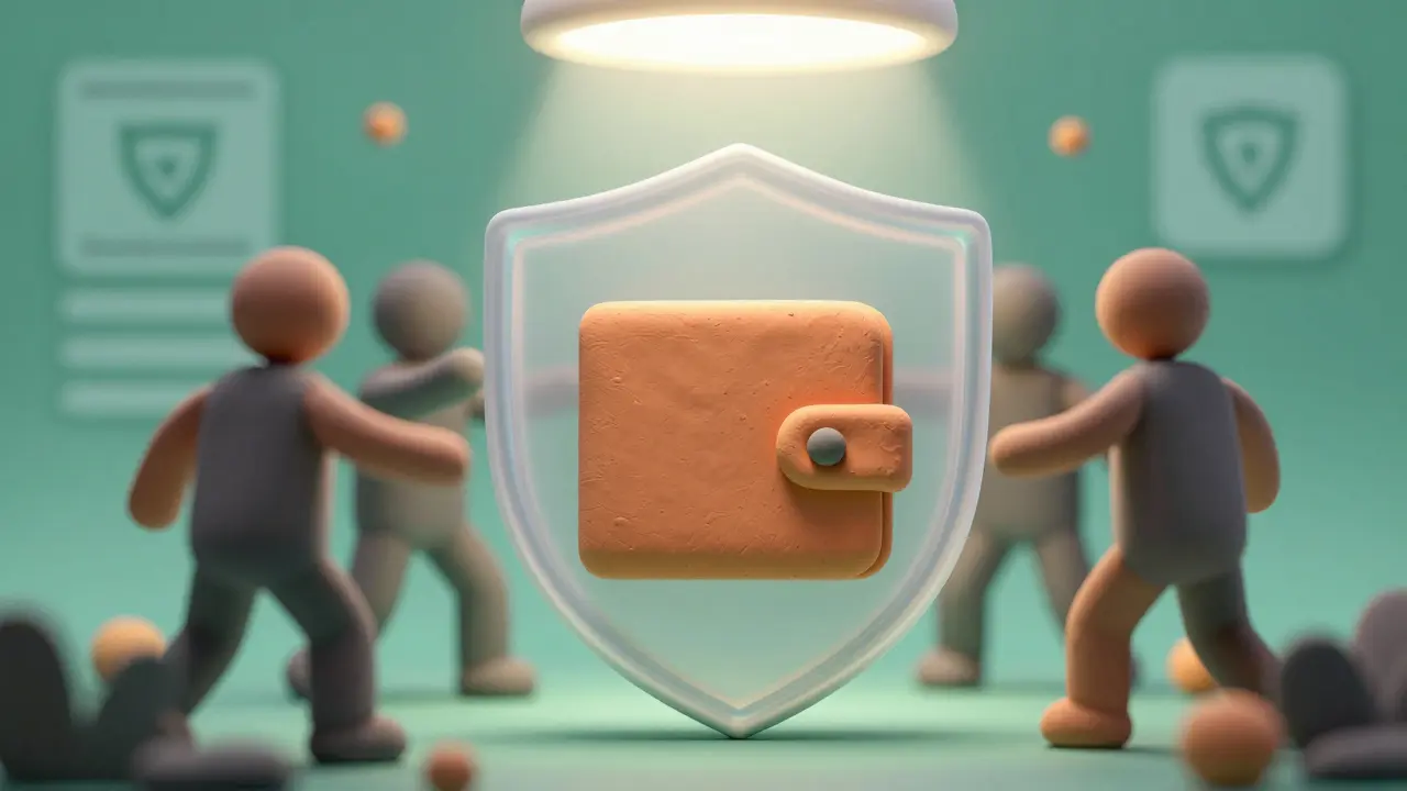 Clay art showing a protective shield blocking scams around a secure digital wallet.