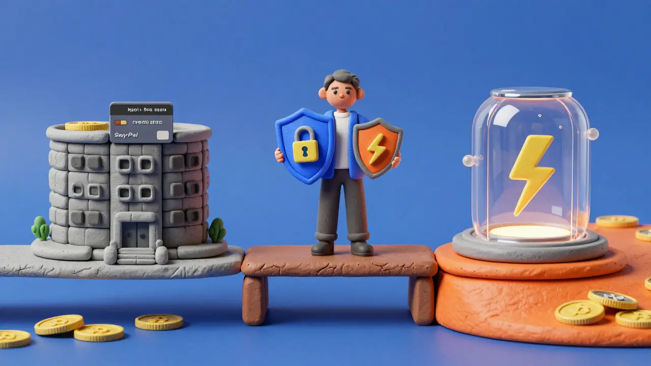 Clay art showing hybrid payment system balancing crypto and traditional methods