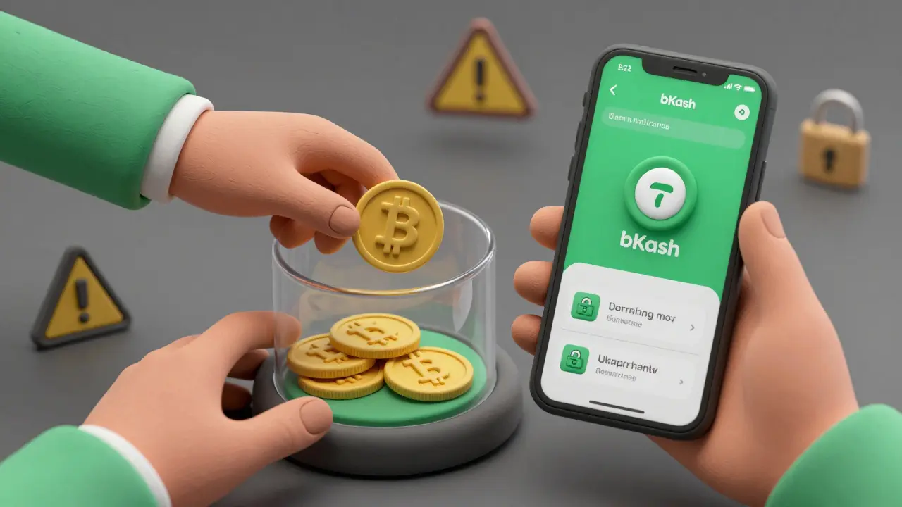 Clay art showing P2P crypto transfer via bKash with escrow security
