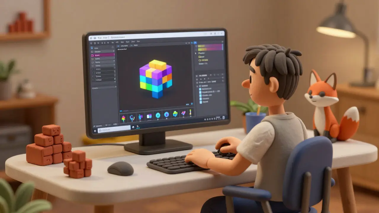 Clay avatar designing 3D assets in a voxel editor interface