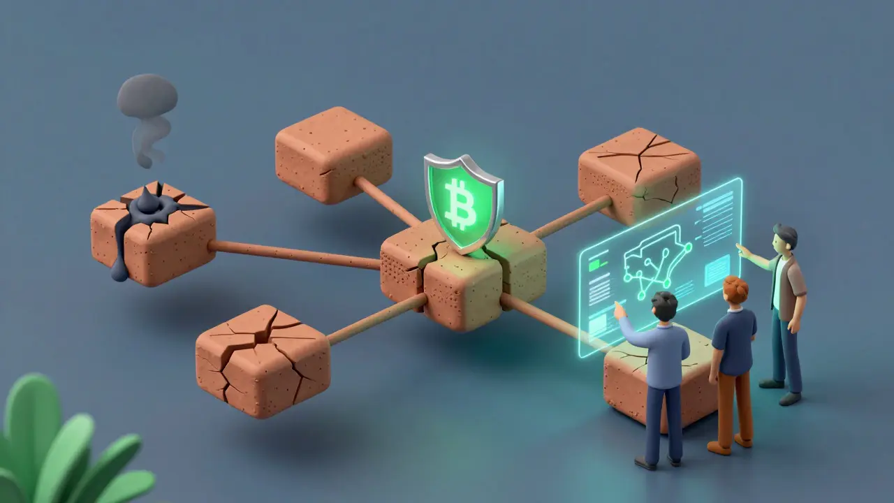 Clay blockchain blocks with cracks and shields showing migration