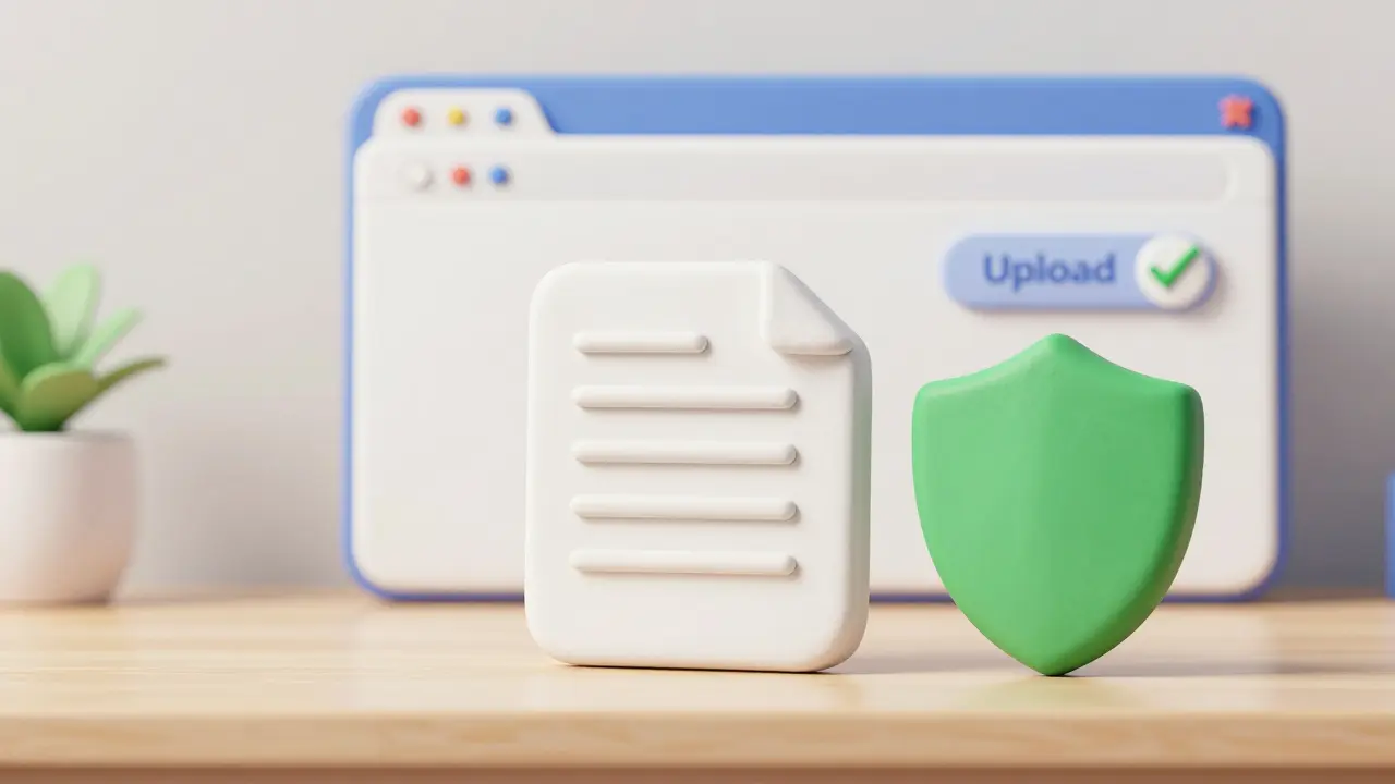 Clay document and shield icon on a secure, clean desk
