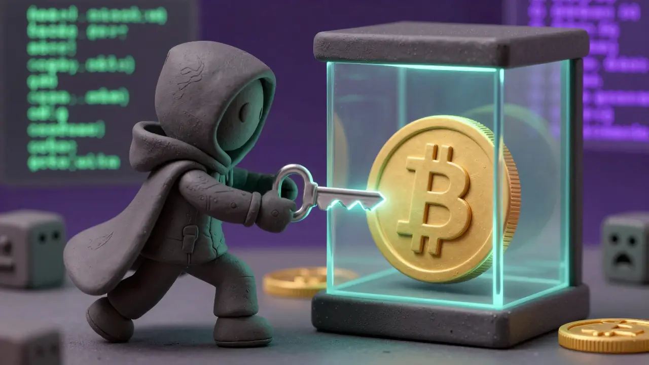 Clay figure stealing crypto coins from a vault, symbolizing North Korean cyber hacks.
