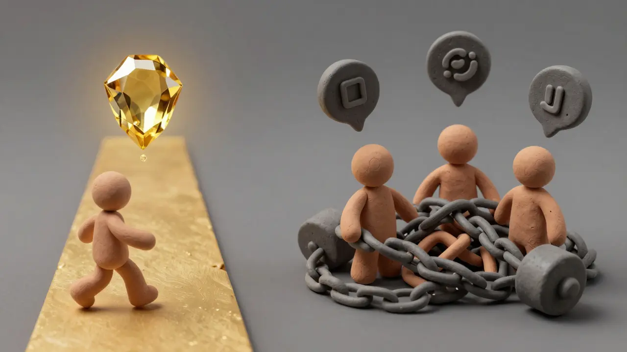 Clay illustration comparing an easy path to an NFT versus complex, tangled crypto tasks.