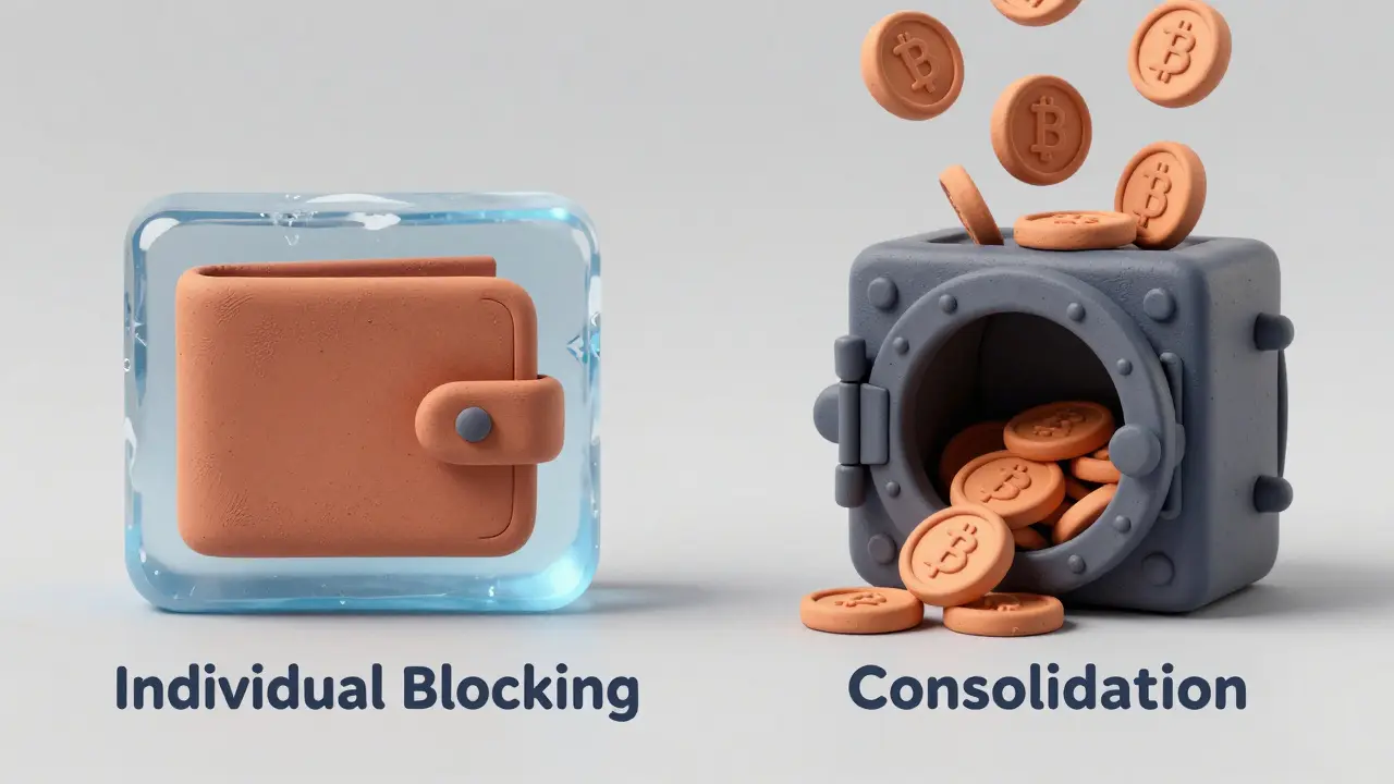 Clay illustration comparing individual wallet blocking vs asset consolidation.