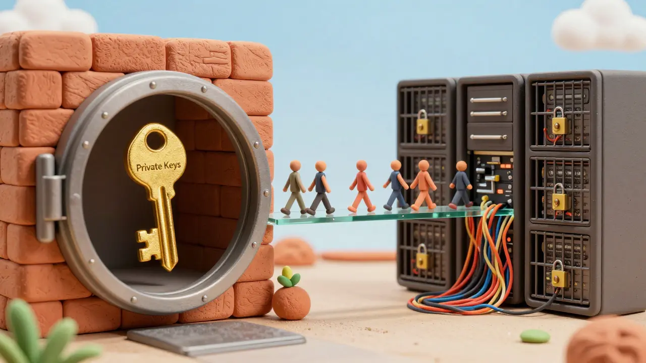 Clay illustration comparing secure private keys vs centralized servers