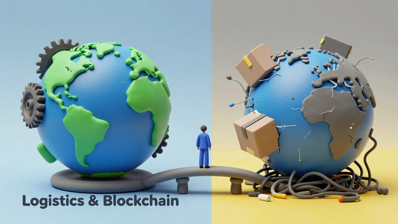 Clay illustration contrasting ideal logistics blockchain promises with fragmented reality.