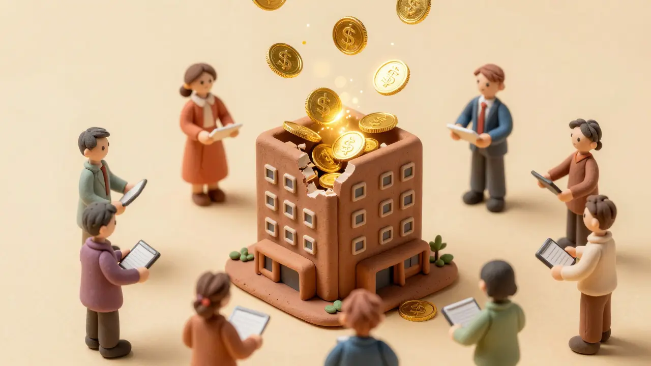 Clay illustration of a building breaking into floating gold tokens for investors.