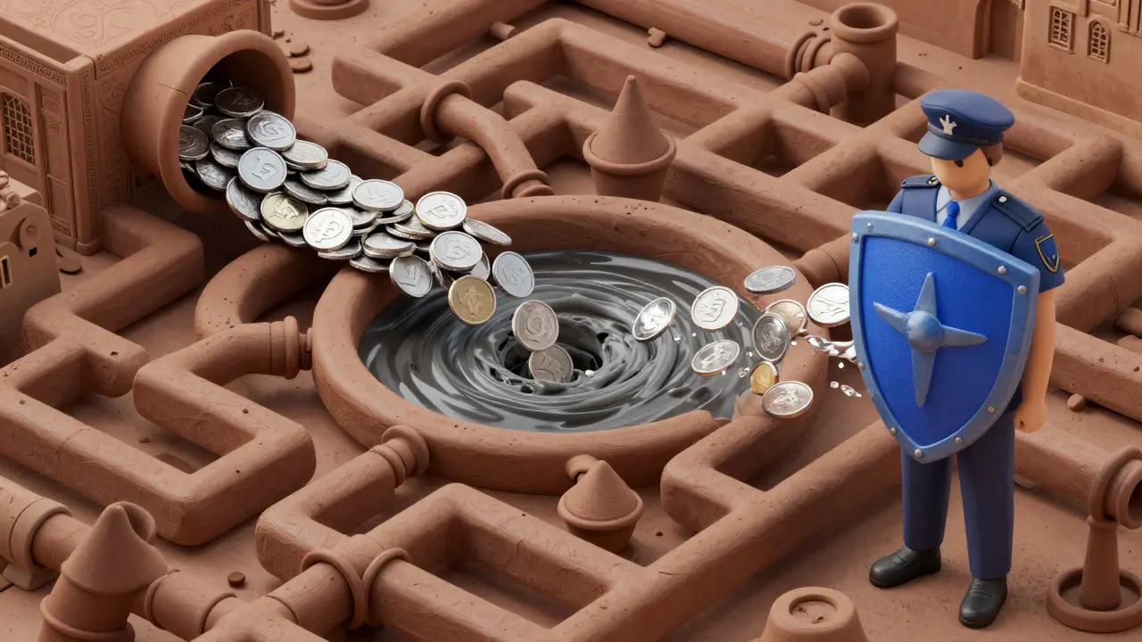 Clay illustration of crypto money laundering through mixers and regulatory shields.