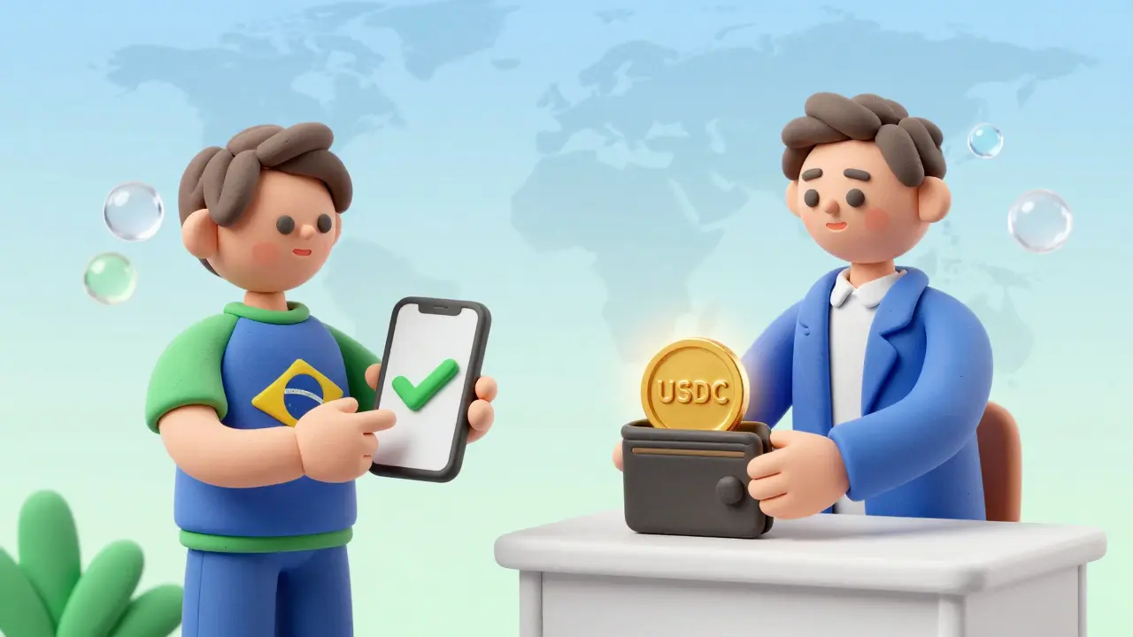 Clay illustration of instant USDC transfer from Brazilian client to EU founder