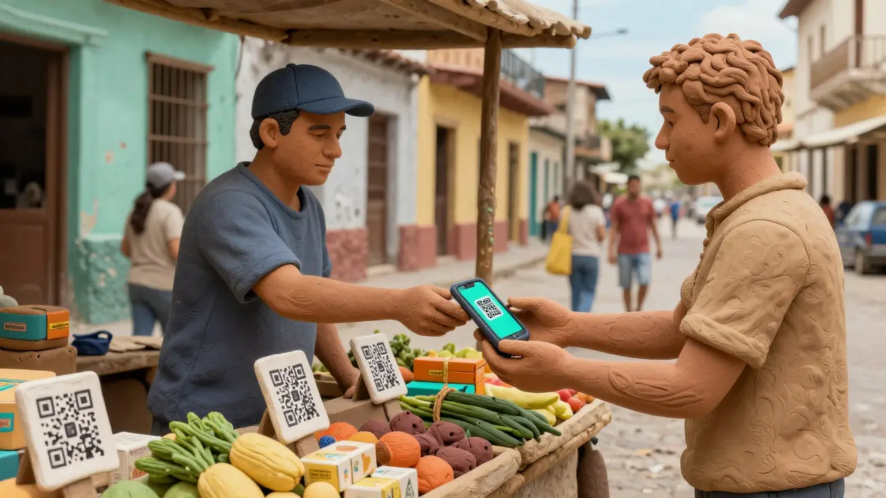 Clay illustration of market vendor accepting crypto payment via phone