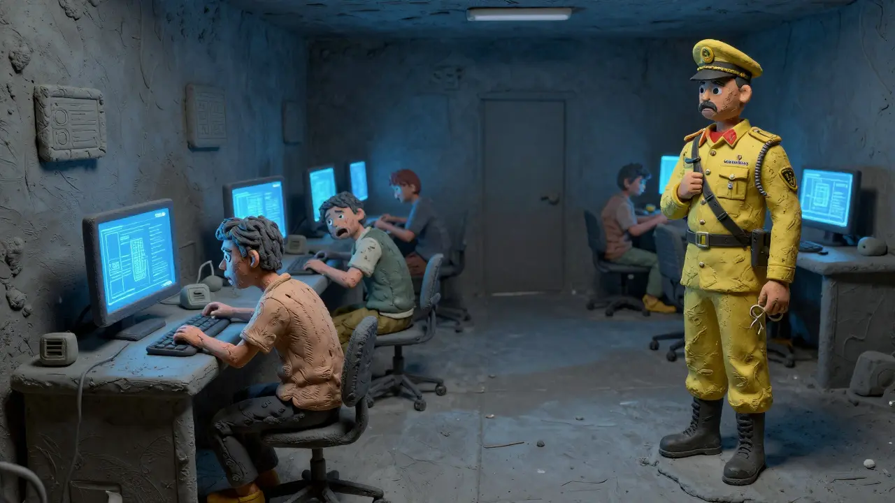 Clay illustration of trapped workers in dark room under armed guard