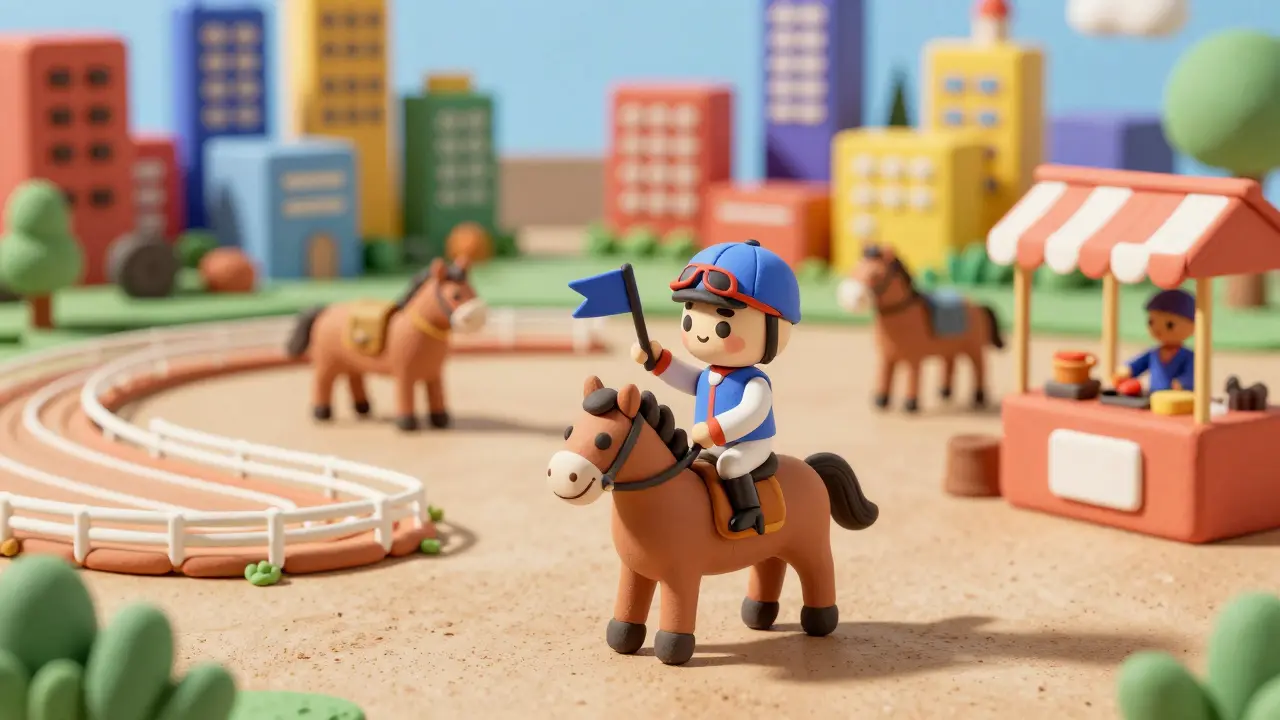 Clay illustration of zkRace gameplay elements including horses and tracks
