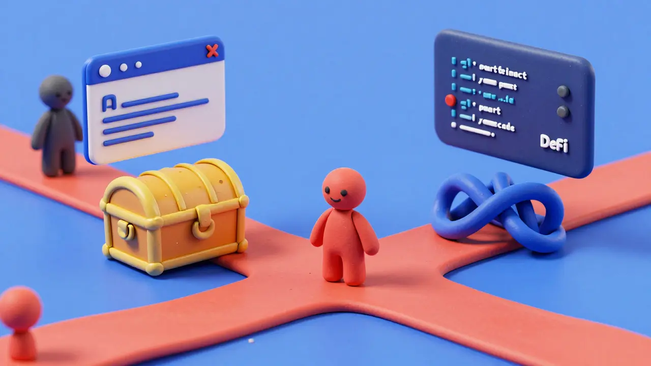 Clay illustration showing phishing traps and smart contract risks in DeFi