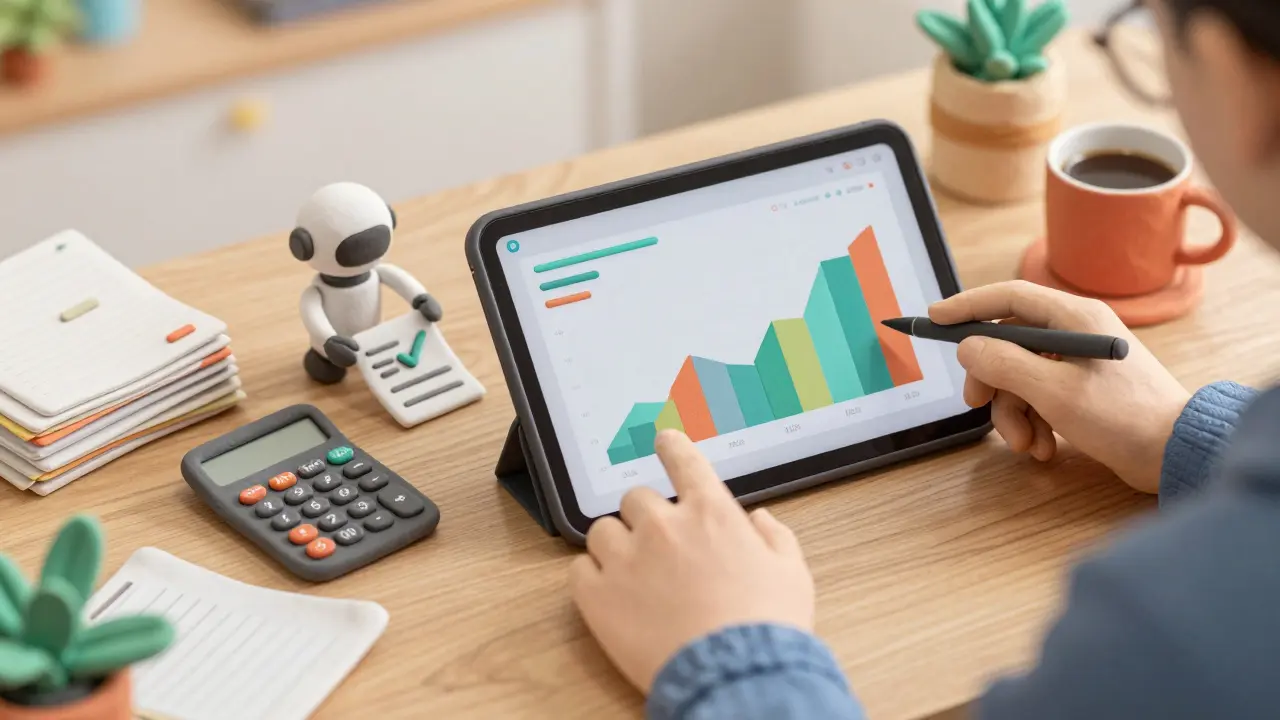 Clay person using tech tools and robot assistant for crypto tax compliance