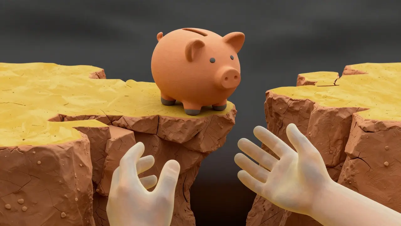 Clay piggy bank on a crumbling cliff edge symbolizing high investment risk.
