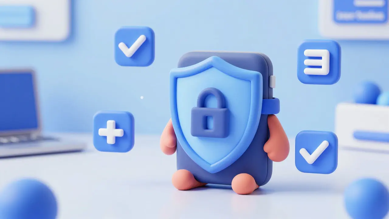 Clay render of a hardware wallet protecting assets with a security shield