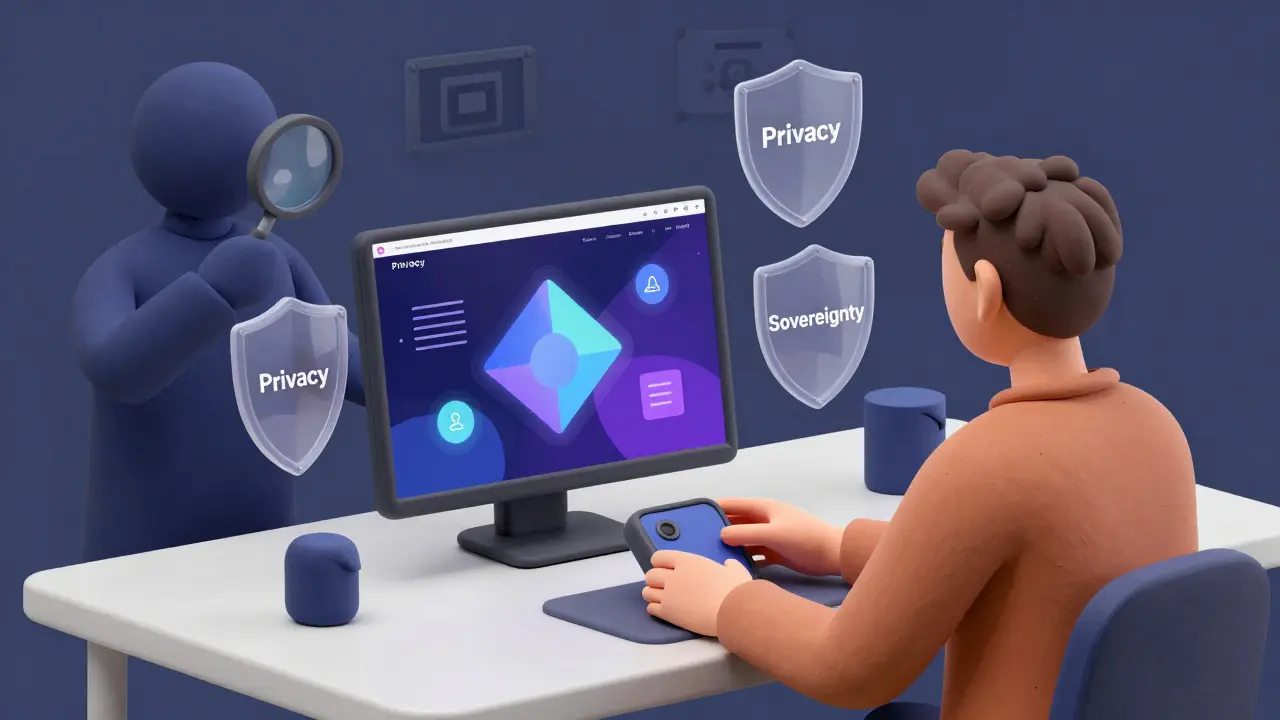 Clay render: User connecting wallet to decentralized pool, shielded from ID checks by privacy barriers.